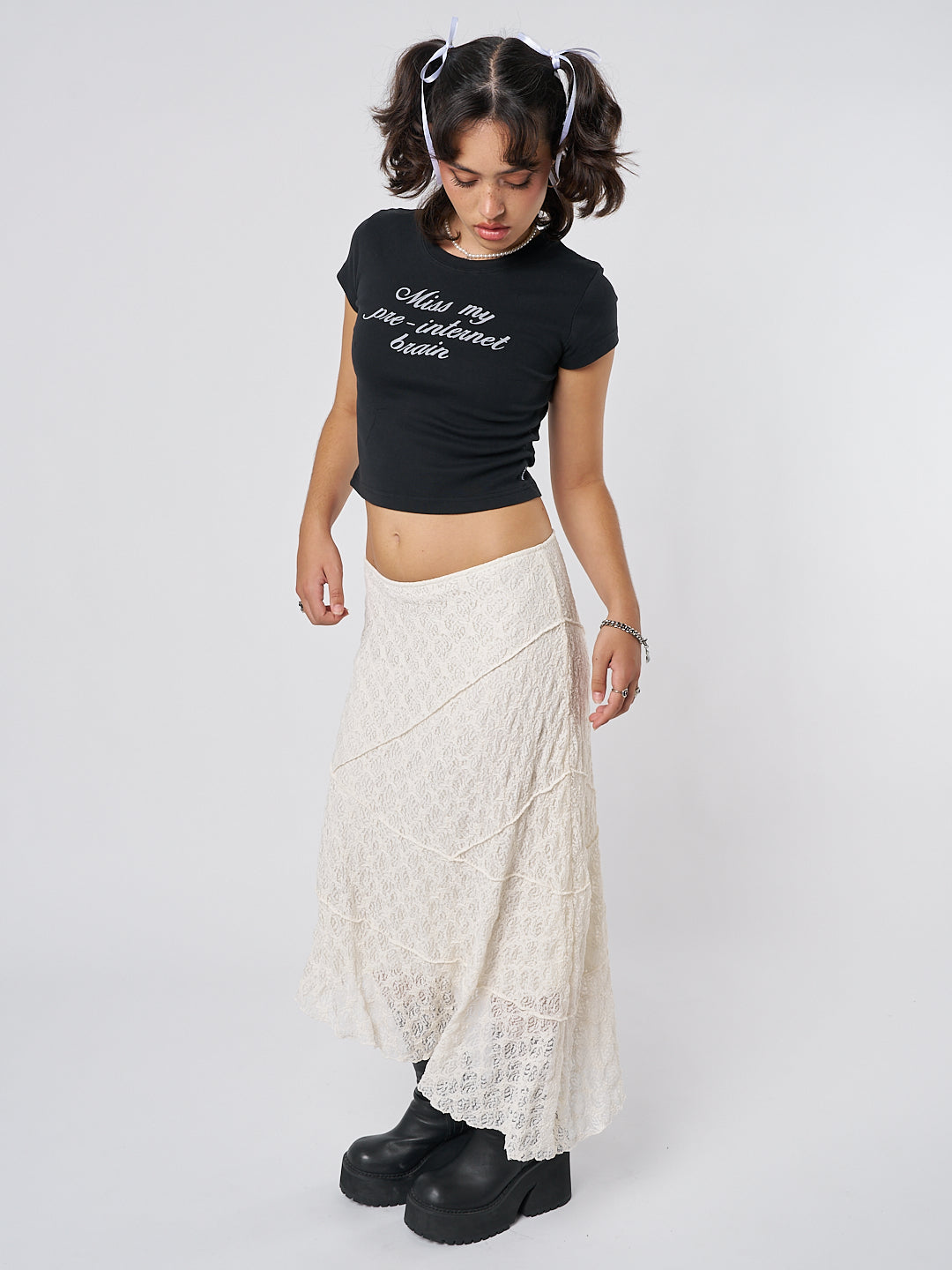 Nolia Cream Lace Asymmetric Midi Skirt - Minga EU