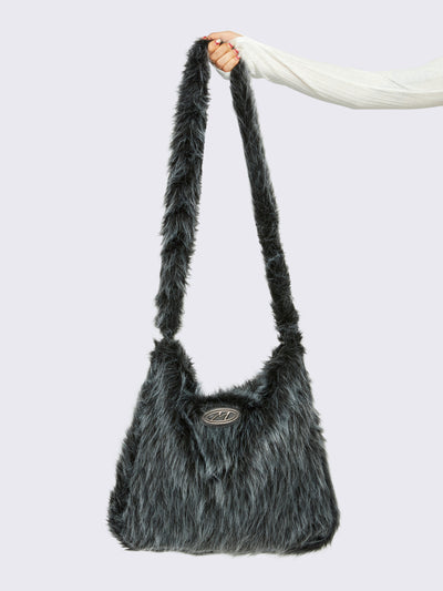 Faux frosted fur crossbody bag in black and grey