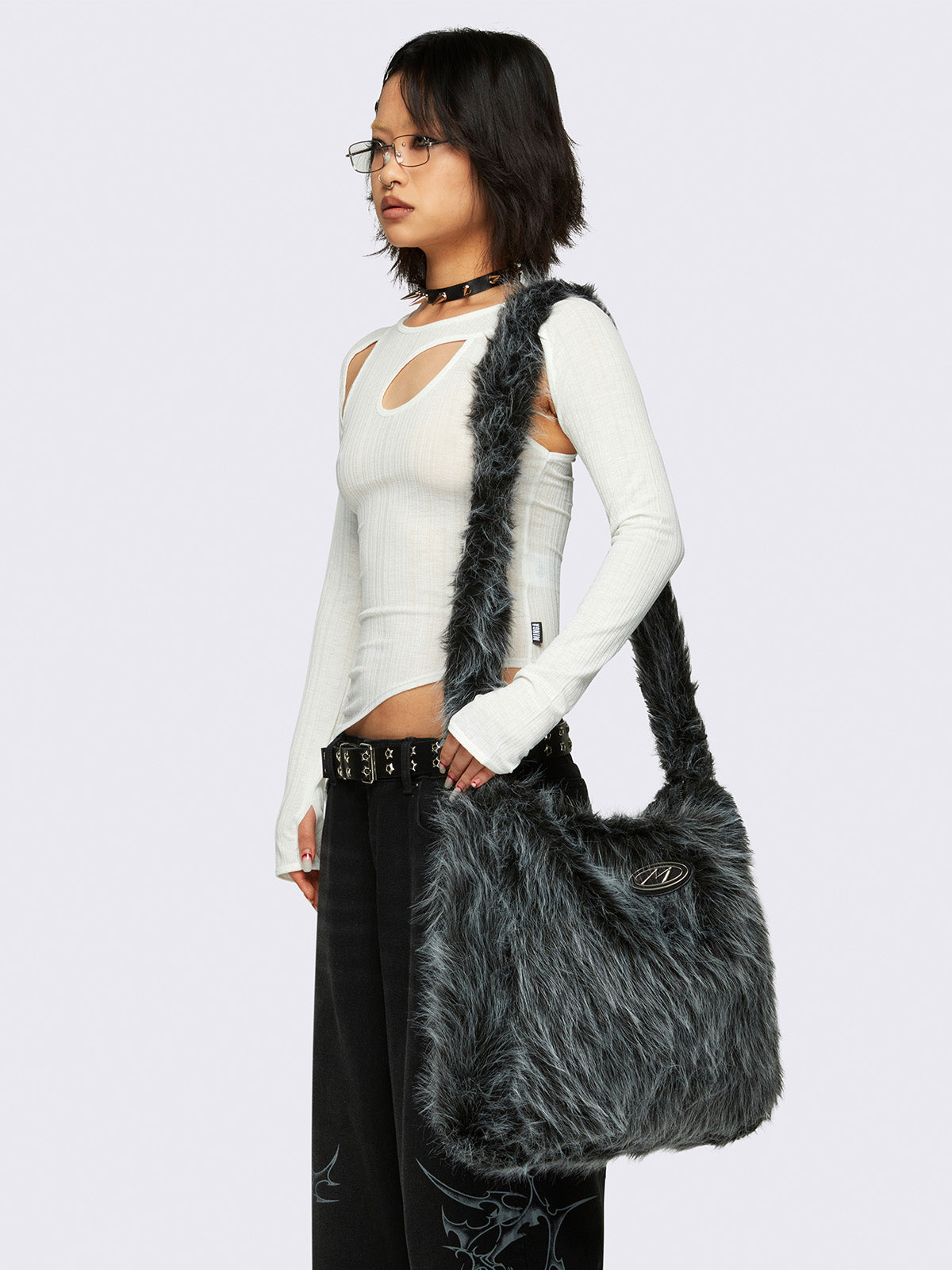 Faux frosted fur crossbody bag in black and grey