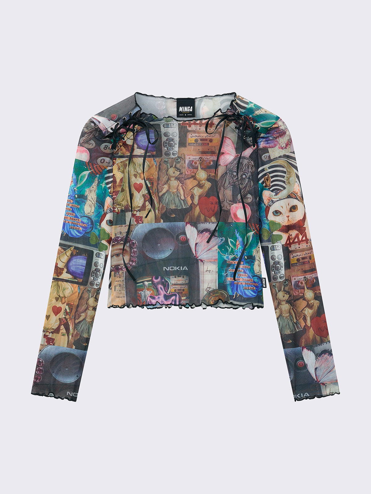 Pop Art Collage Lace Up Mesh Top