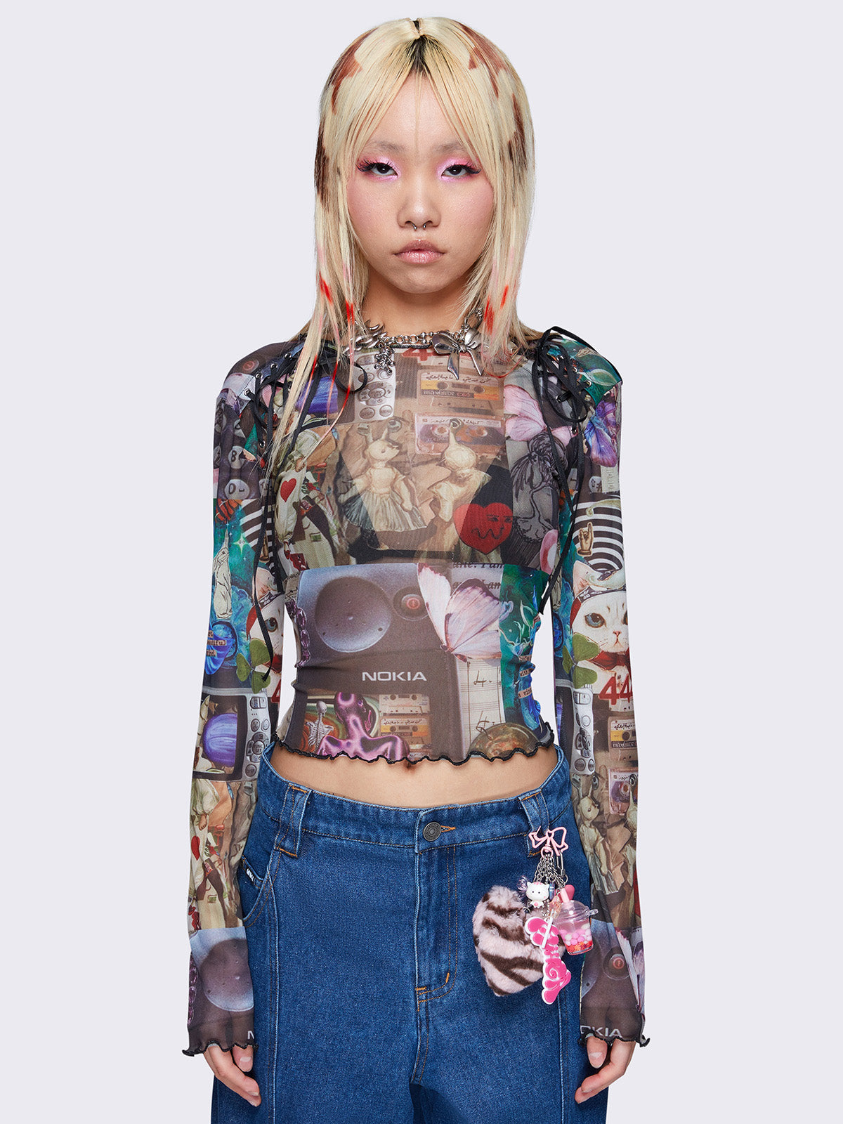 Pop Art Collage Lace Up Mesh Top