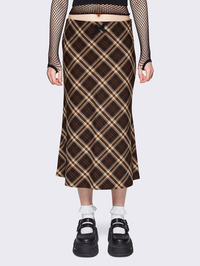 Flared midi skirt in brown and beige plaid check pattern