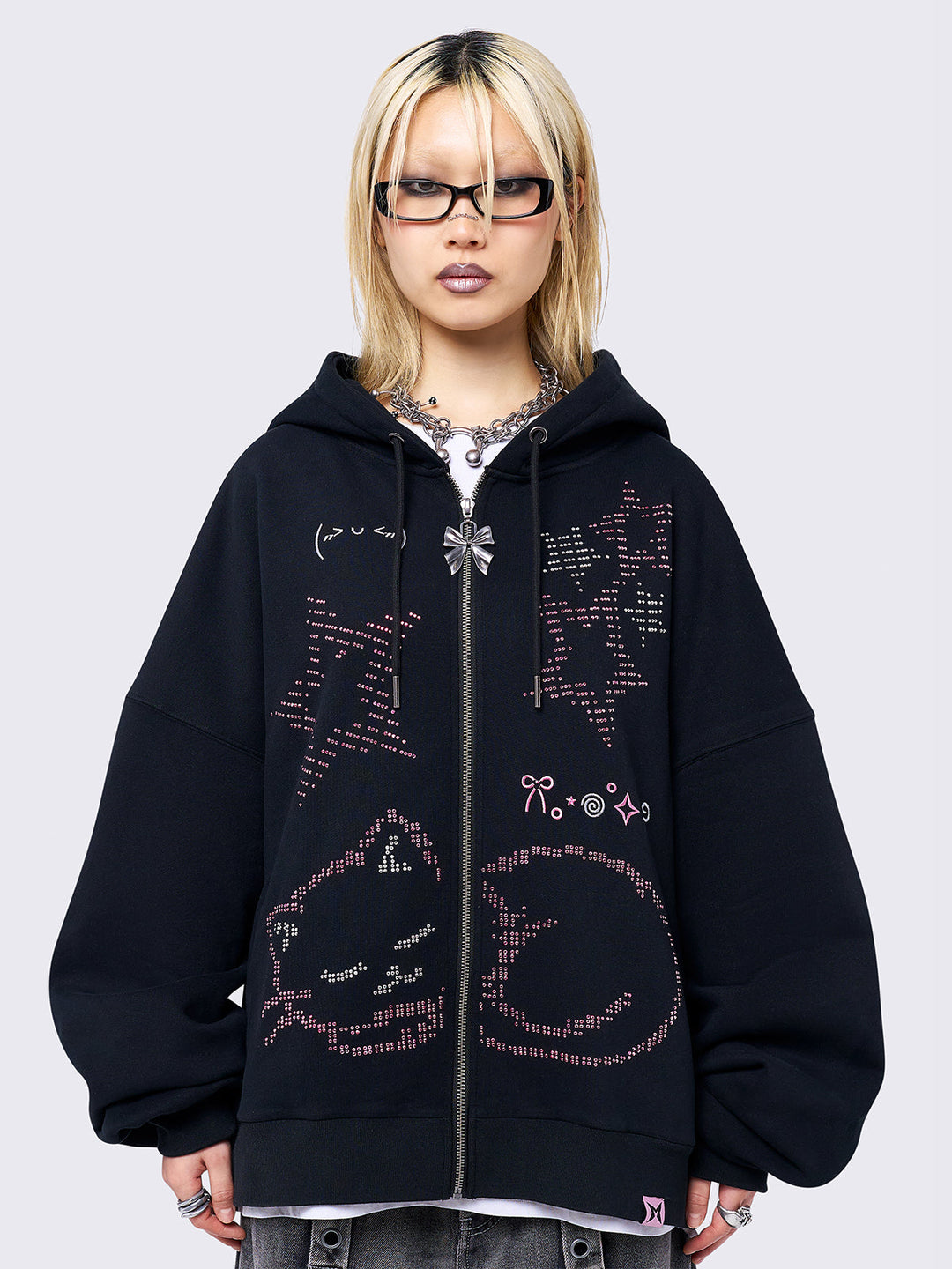 Muleskins ダークグレー カジュアルジャケット Cat Graphic Oversized Zip Up Hoodie in Black with Pink Studs