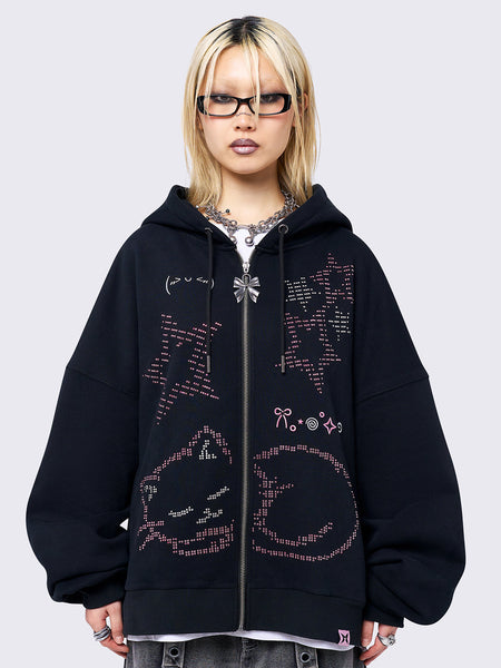 Cat Graphic Oversized Zip Up Hoodie in Black with Pink Studs