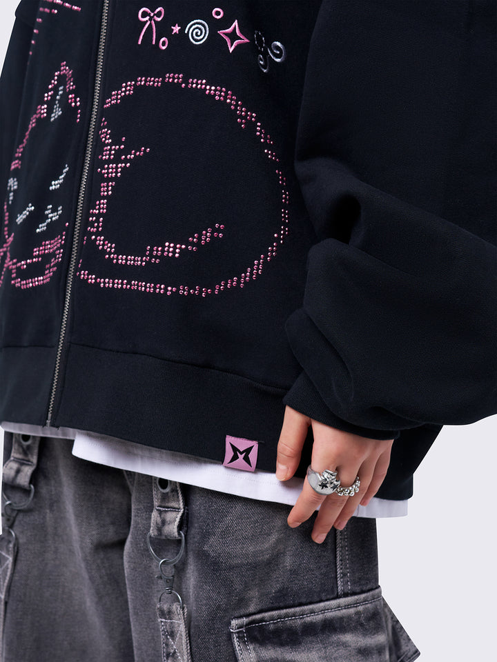 m♡ Cat Graphic Oversized Zip Up Hoodie in Black with Pink Studs