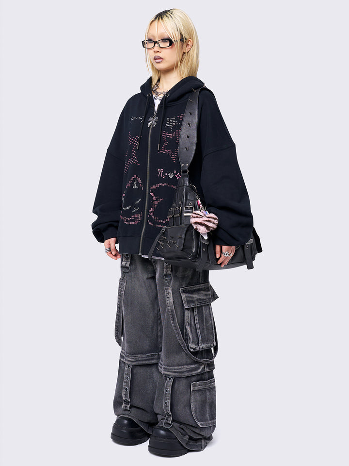 トップス m.ha Cat Graphic Oversized Zip Up Hoodie in Black with Pink Studs