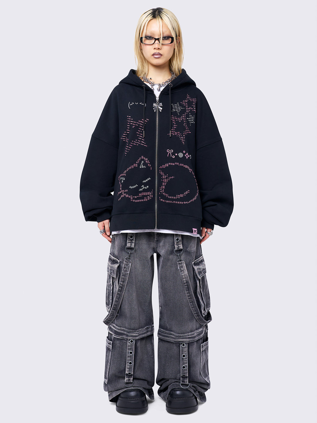 Cat Graphic Oversized Zip Up Hoodie in Black with Pink Studs