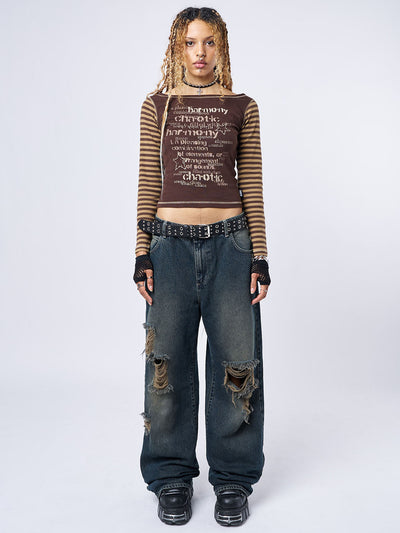 ripped knees baggy jeans in washed blue and loose fit- front view