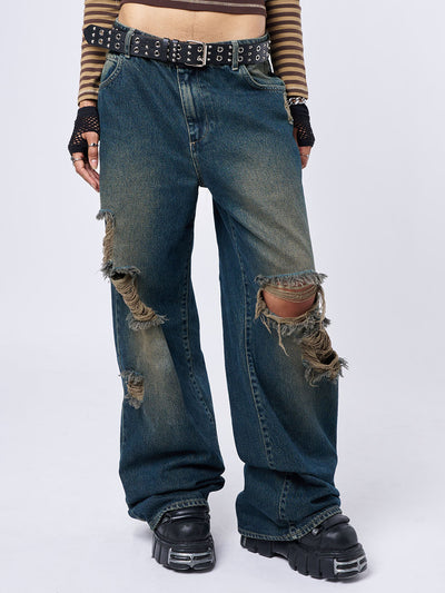 RIP' Washed Blue Loose Baggy Jeans
