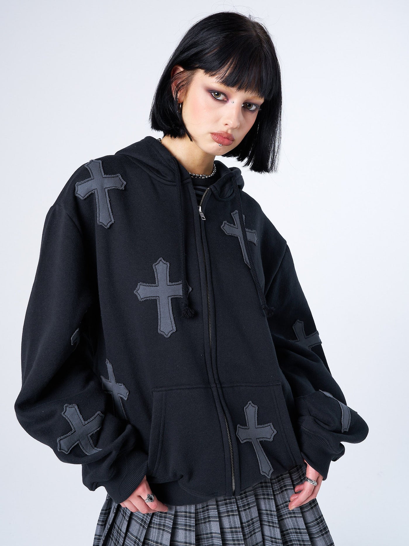 Raven Cross Patch Oversized Zip Up Hoodie