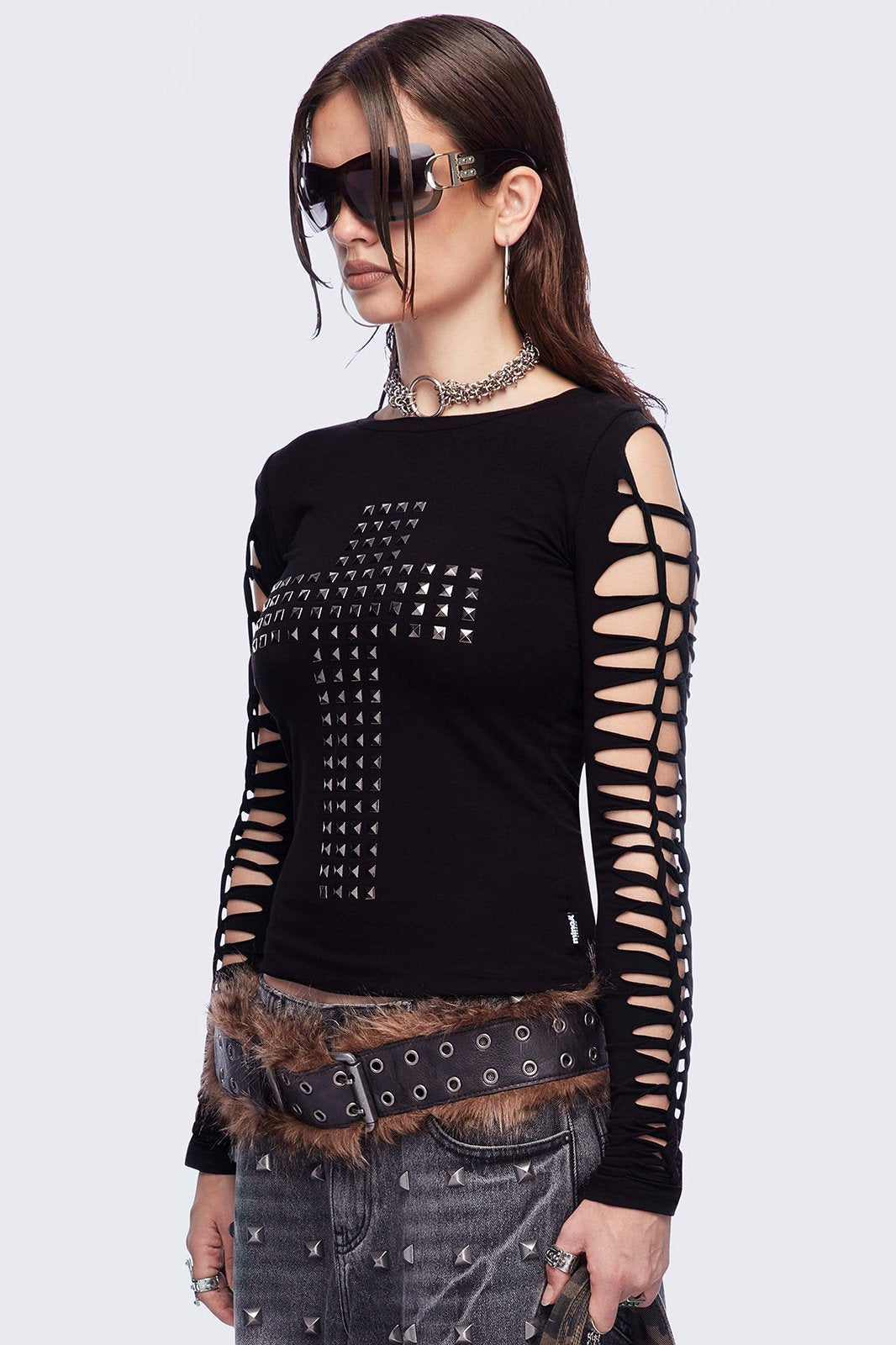 トップス Minga London spikey setup Studded Cross Black Top with Slashed Sleeves | Minga London