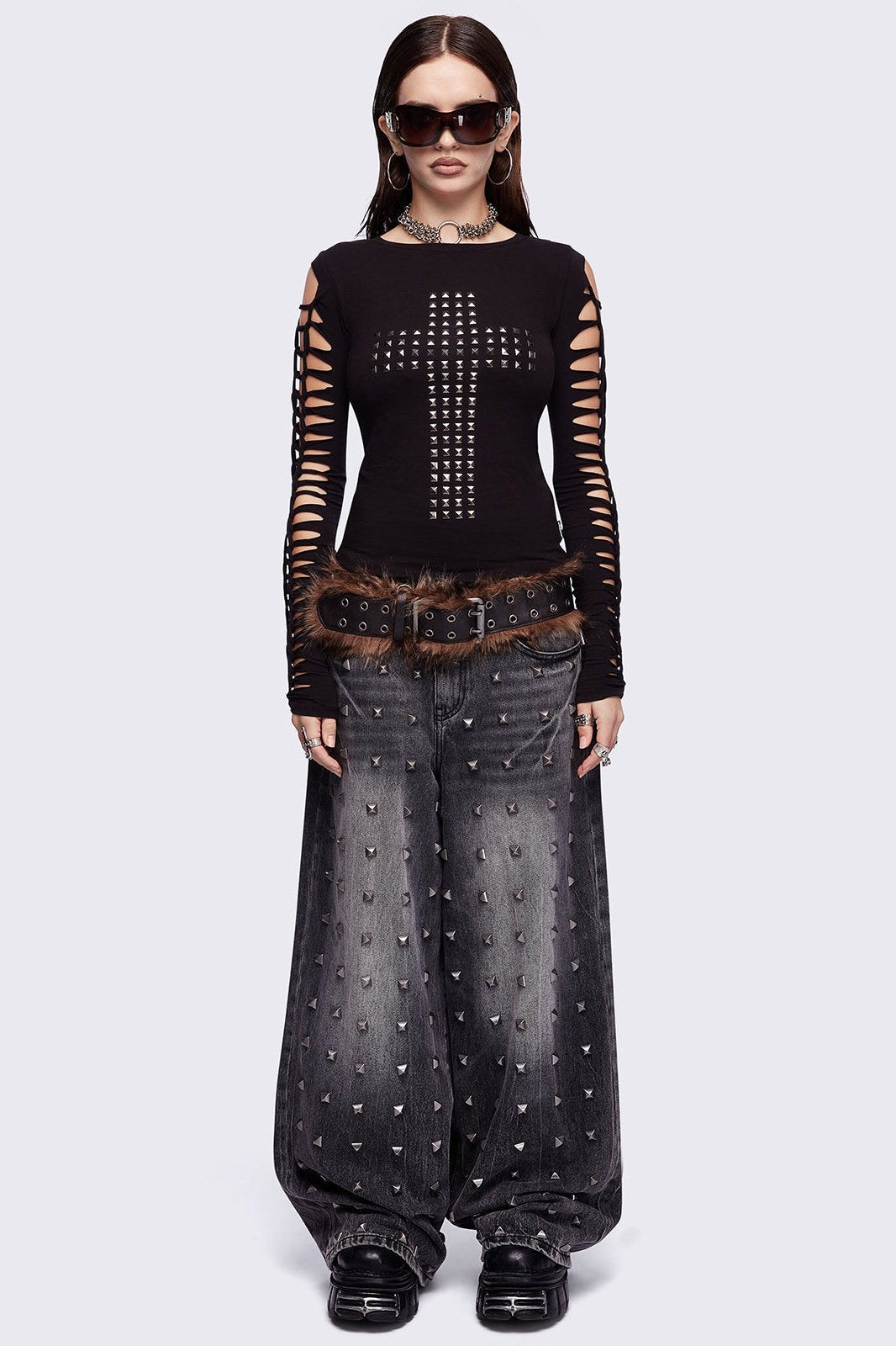 Slashed Top Studded Cross Black Top with Slashed Sleeves | Minga London – Minga ...