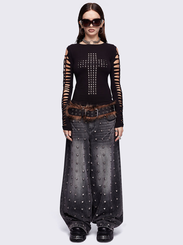 Studded Cross Black Top with Slashed Sleeves | Minga London
