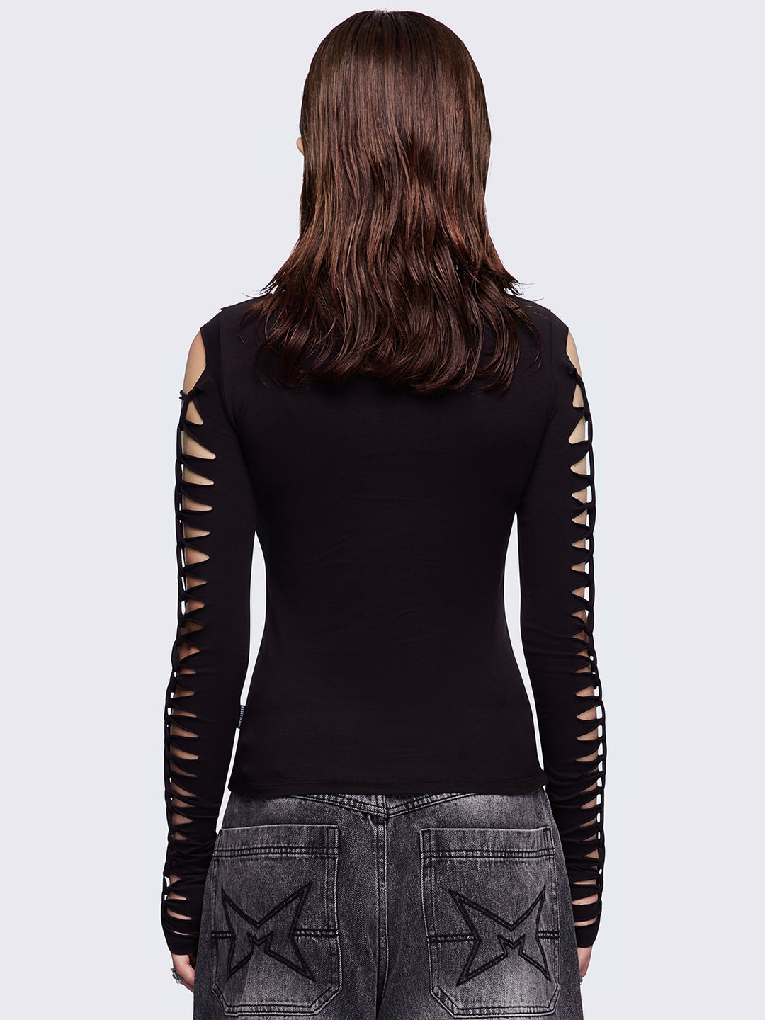 Studded Cross Black Top with Slashed Sleeves | Minga London