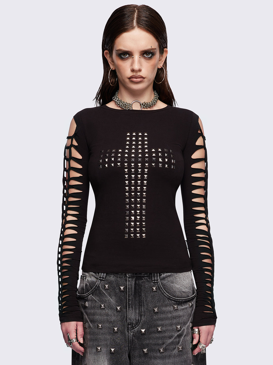 Studded Cross Black Top with Slashed Sleeves | Minga London