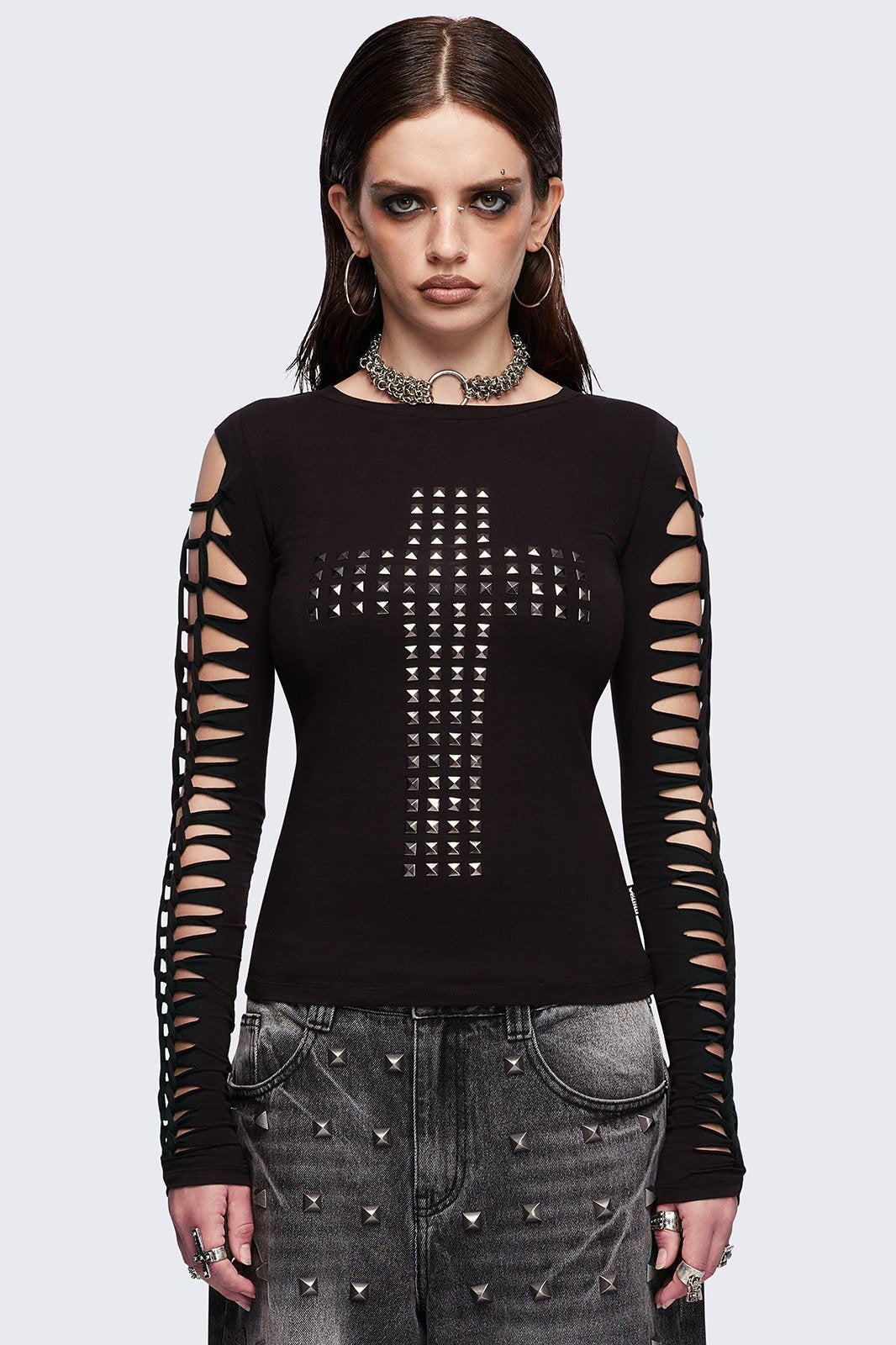Slashed Top Studded Cross Black Top with Slashed Sleeves | Minga London – Minga ...