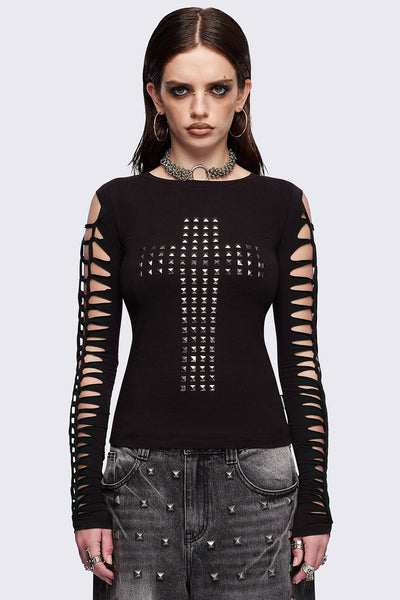 Studded Cross Black Top with Slashed Sleeves | Minga London