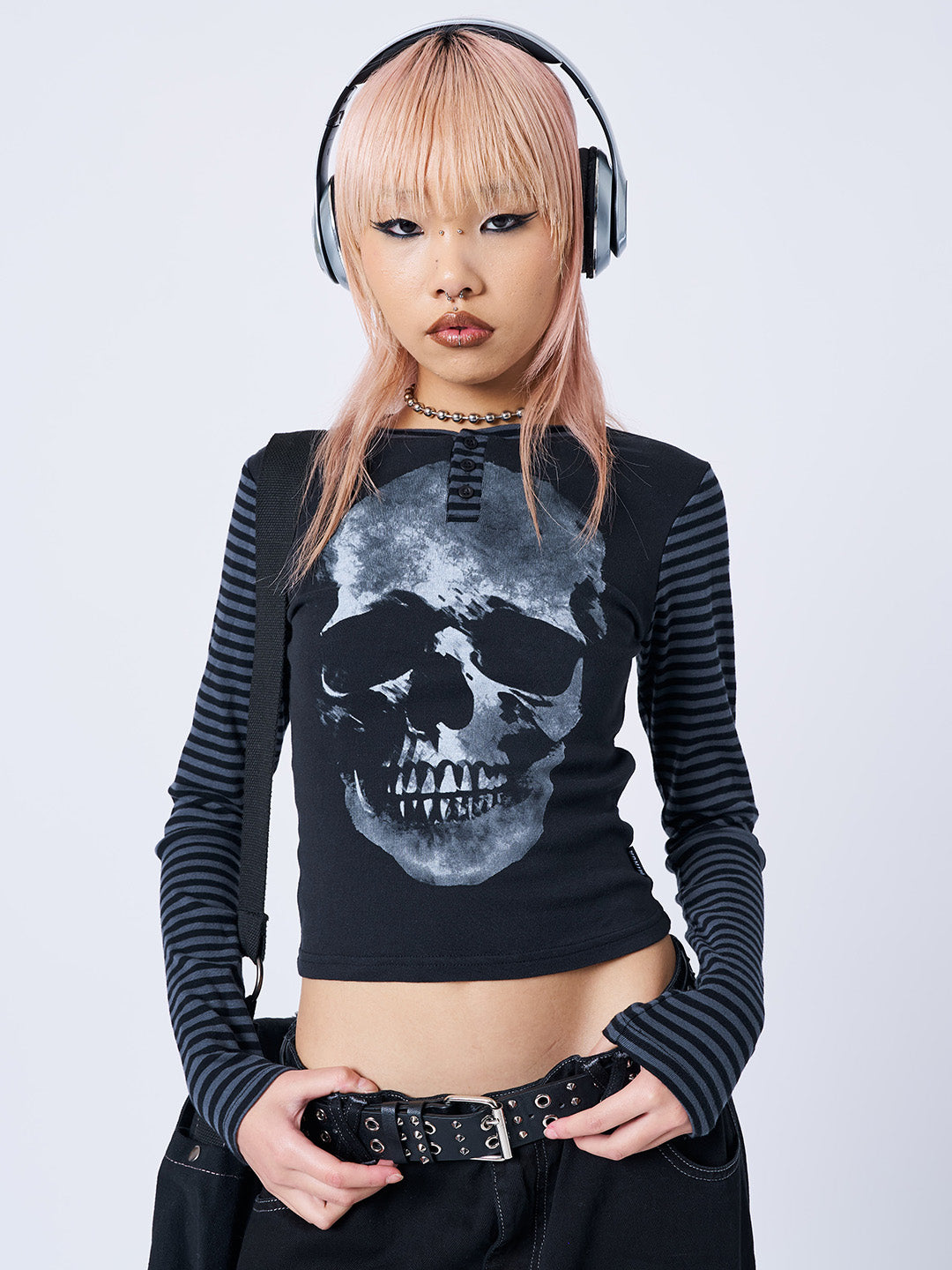 Black Long Sleeve Top with Skull Graphic & Striped Sleeves - Y2K Grunge ...