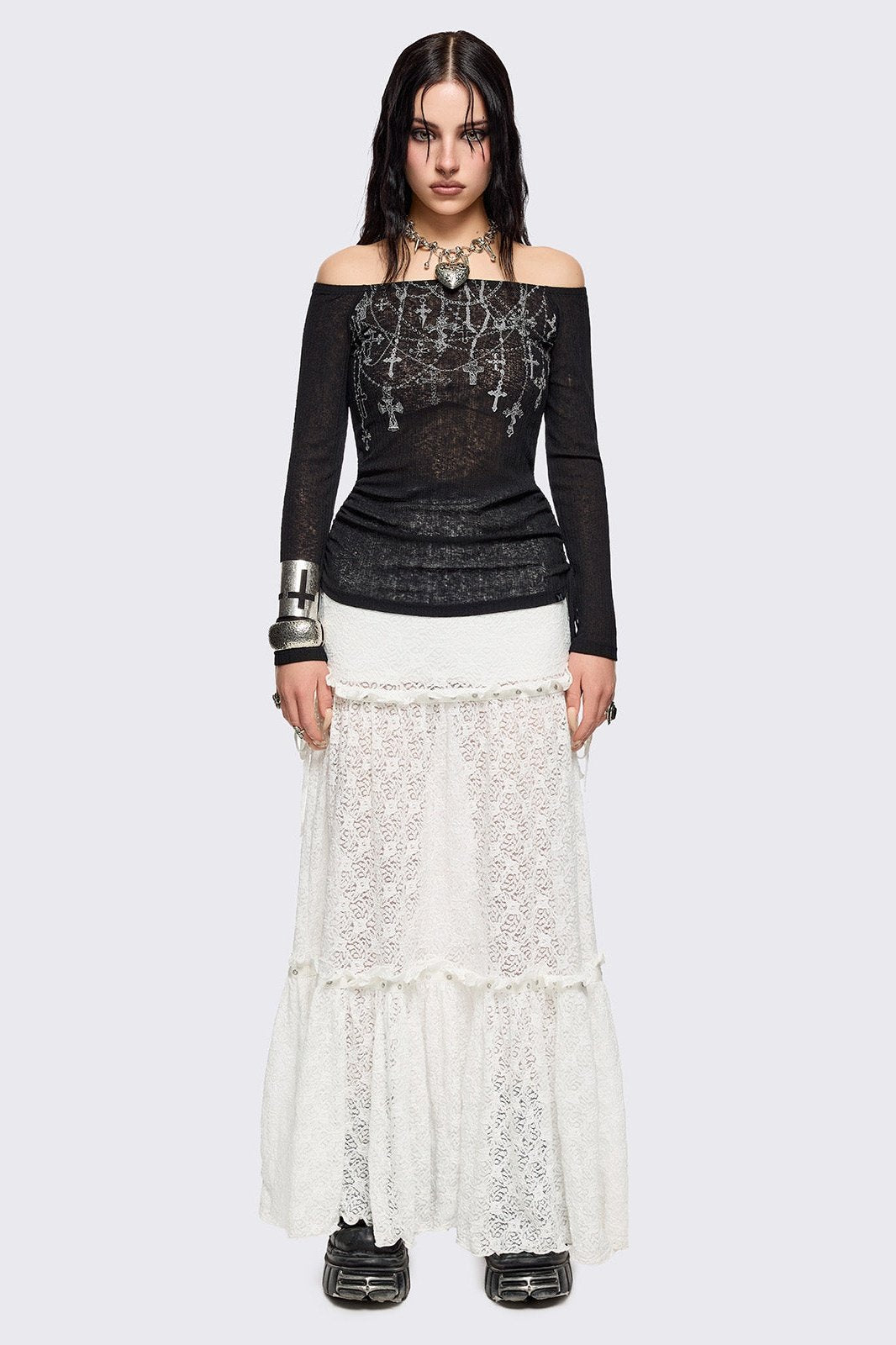 Black Off-Shoulder Top with Rosaries Graphic Print | Minga London
