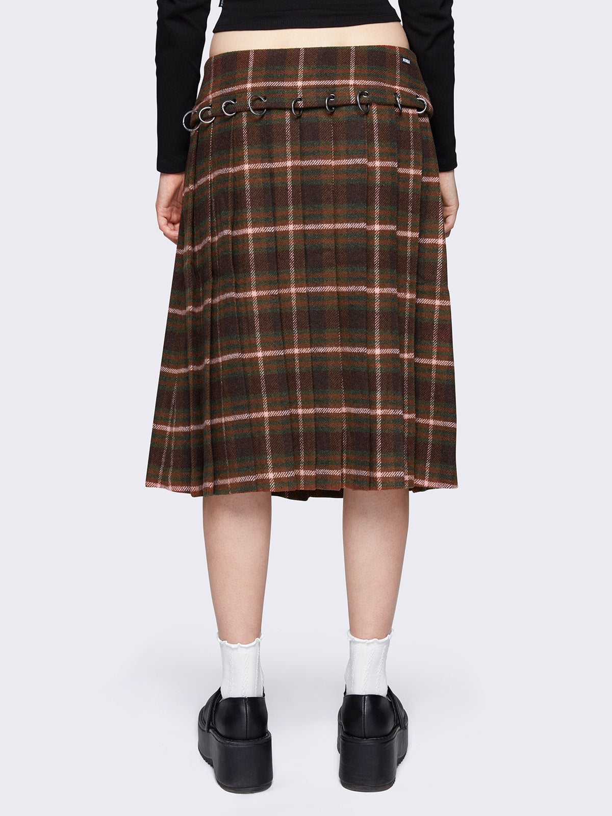 Flannel pleated midi skirt in brown plaid check pattern