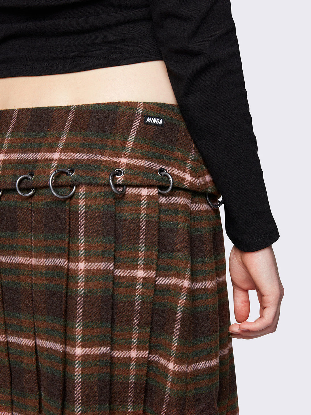 関税込◆特価/完売前に【MINGA LONDON】Rowan Plaid Midi Skirt Brown Plaid Flannel Pleated Midi Skirt | Minga London