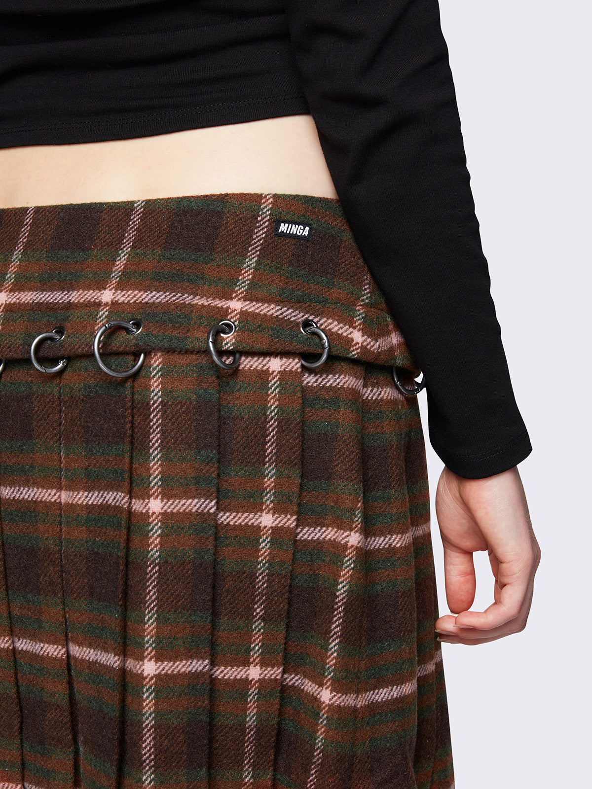 Flannel pleated midi skirt in brown plaid check pattern