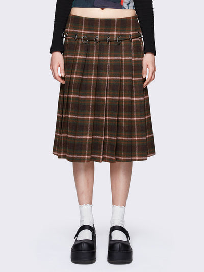 Flannel pleated midi skirt in brown plaid check pattern