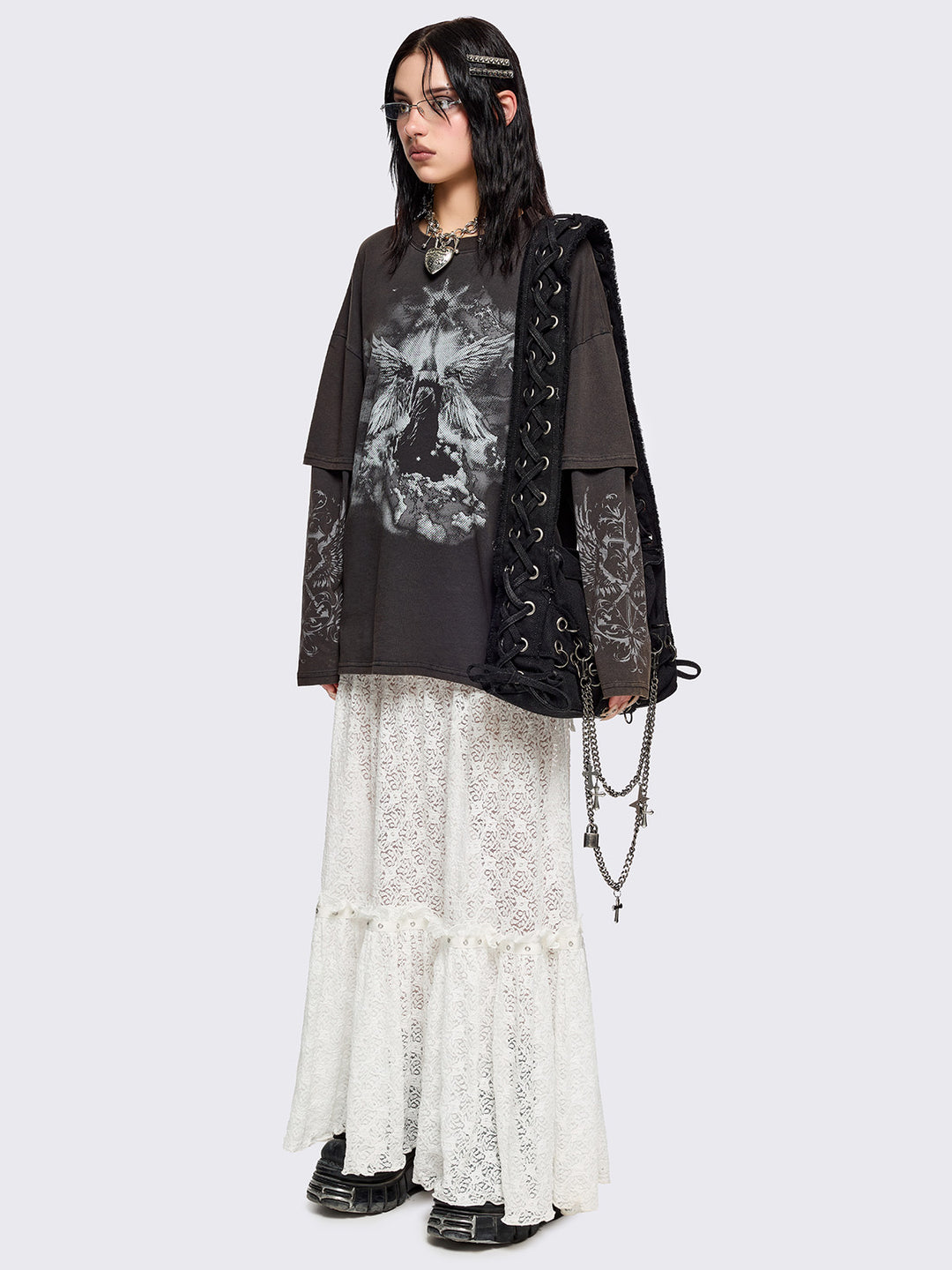 Black Graphic Layered T-Shirt with Saint Graphic Print | Minga