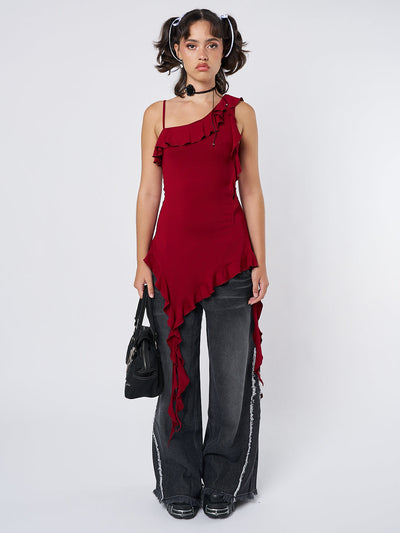 Scarlett Burgundy Asymmetric Frill Top - Minga EU