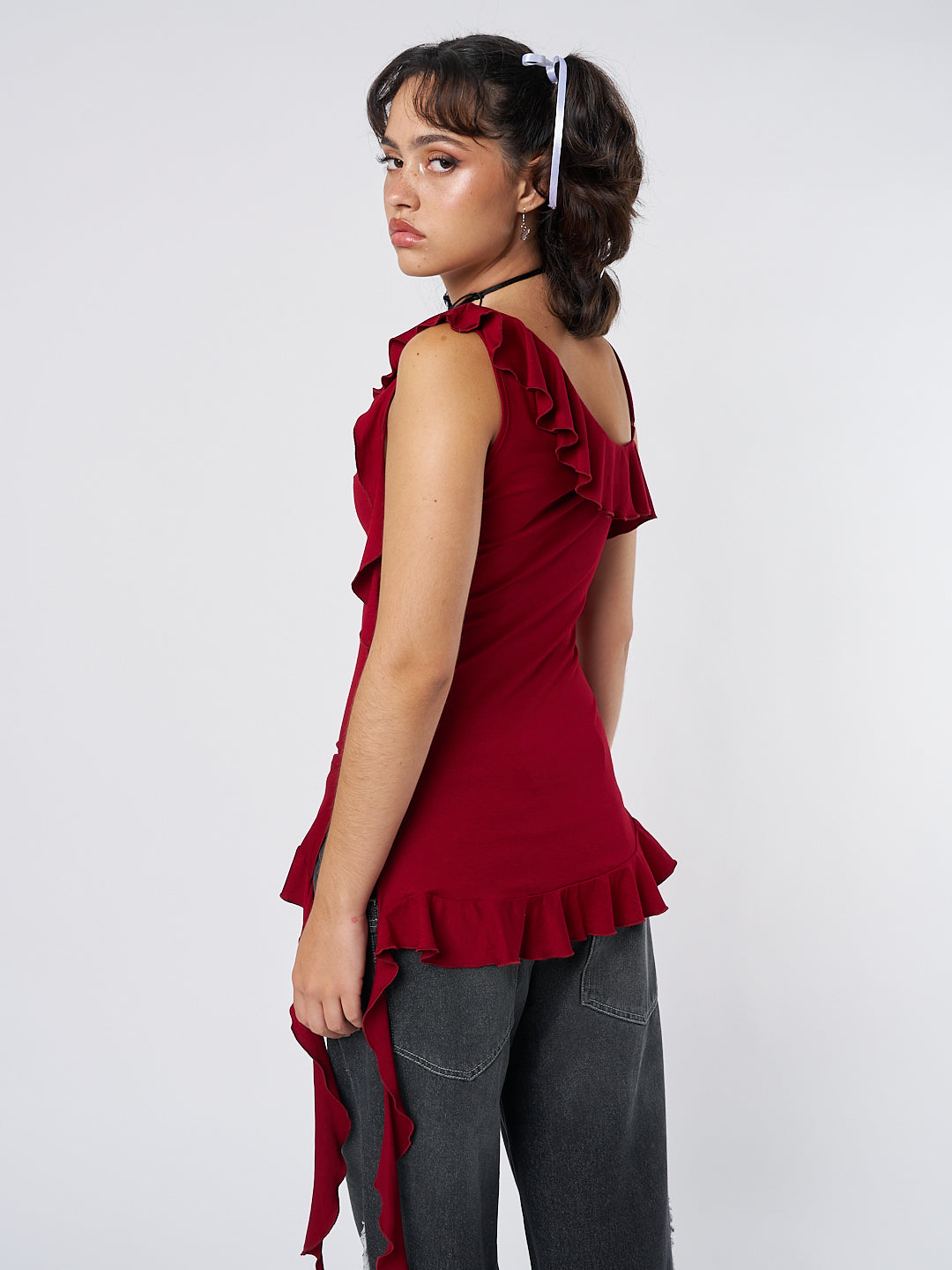 Scarlett Burgundy Asymmetric Frill Top - Minga EU