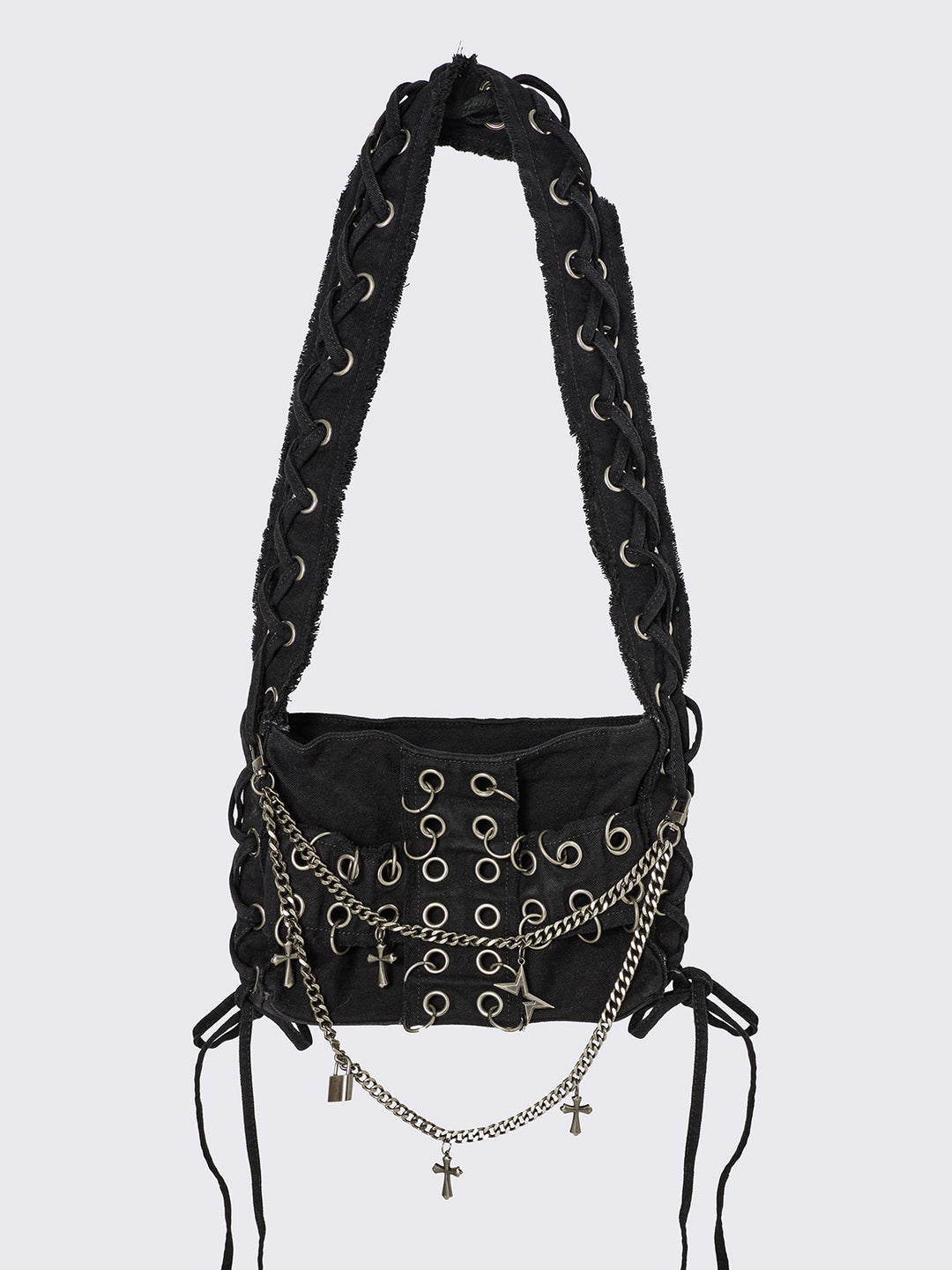 Black Crossbody Bag with Eyelet Cross and Lace Up | Minga