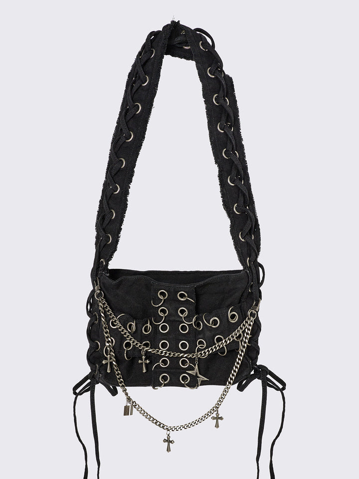 Black Crossbody Bag with Eyelet Cross and Lace Up | Minga London