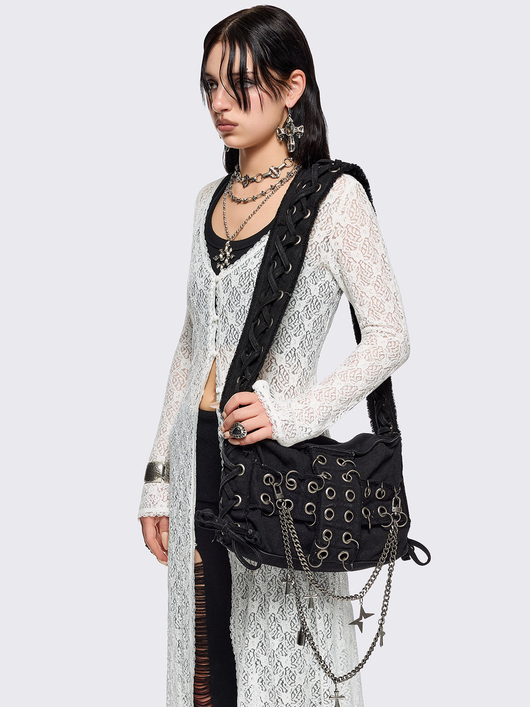 トップス managonia Black Crossbody Bag with Eyelet Cross and Lace Up | Minga