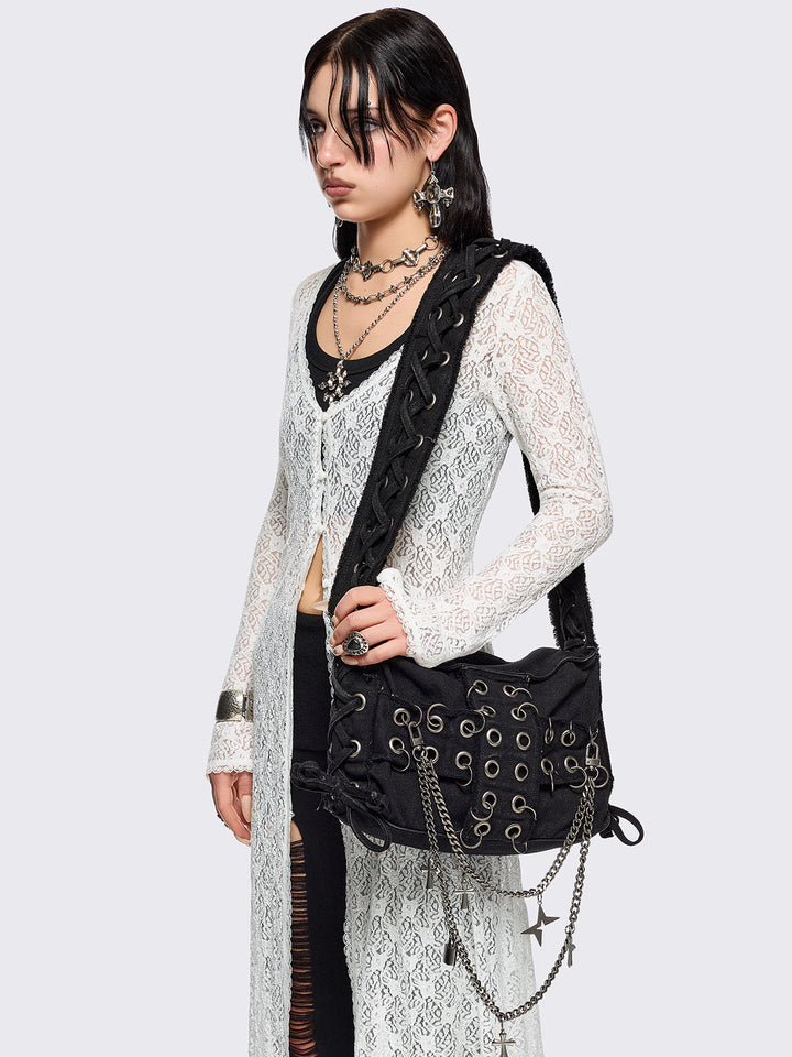 Black Crossbody Bag with Eyelet Cross and Lace Up | Minga London