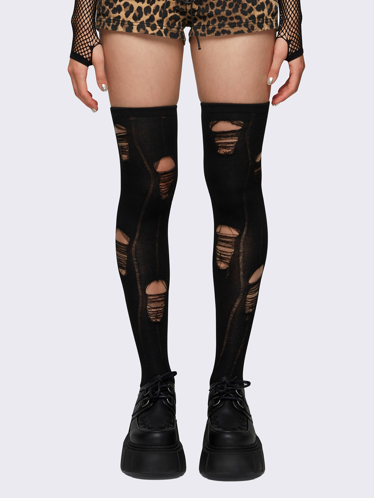 Distressed thigh highs socks in black