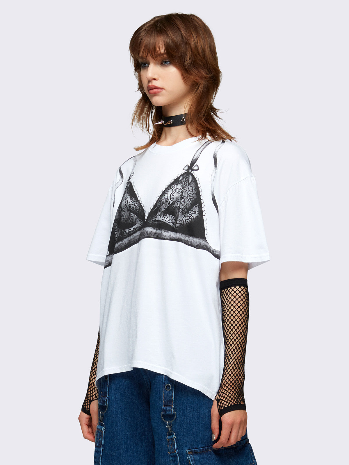 Oversized t-shirt in white with bra graphic print