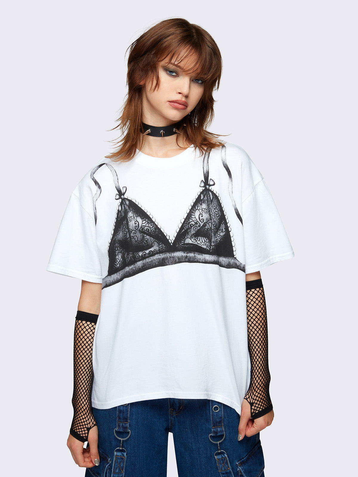Oversized t-shirt in white with bra graphic print