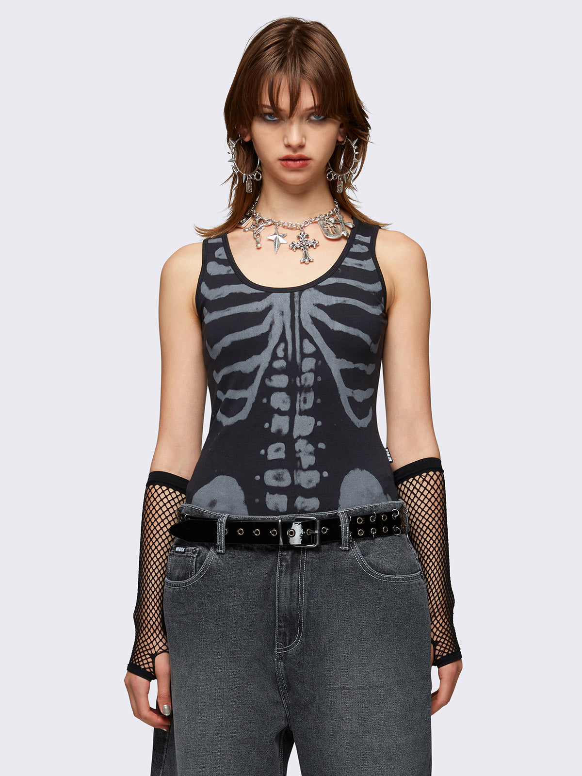 Black bodysuit with skeleton graphic print