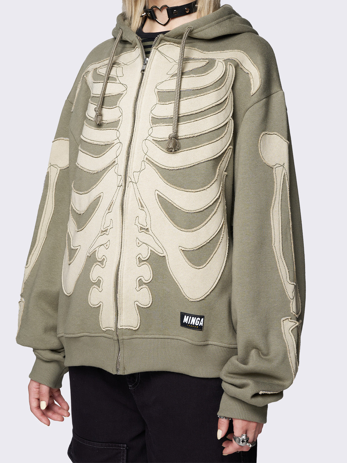 Skeleton Green Patch Oversized Zip Up Hoodie