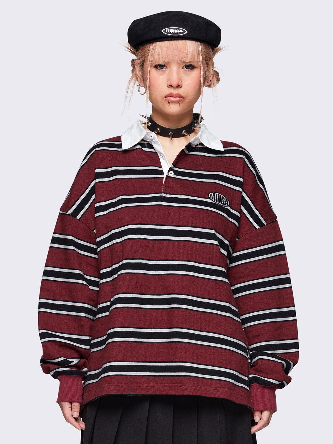 Burgundy Red Striped Rugby Polo Collar Sweatshirt | Minga