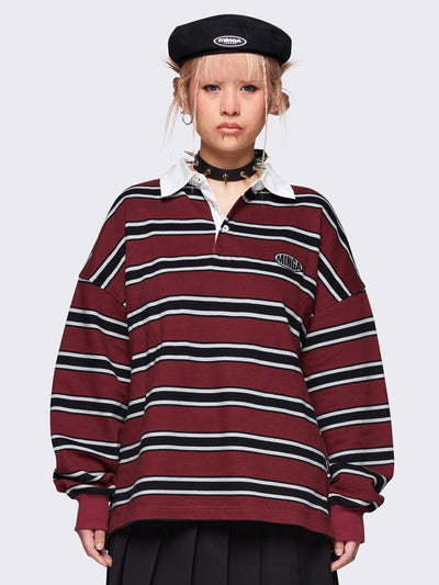 Striped oversized rugby polo in burgundy