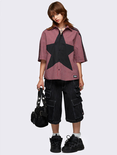 Checkered shirt in red with black star patch