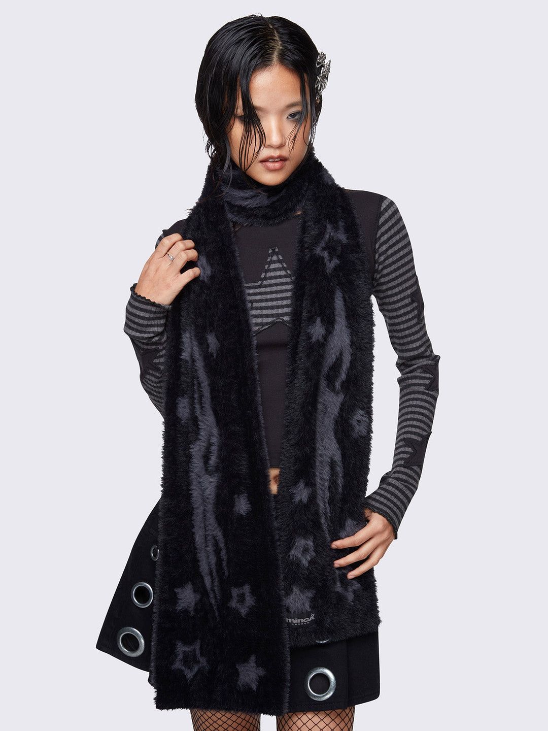 Fuzzy Scarf in Black and Grey with Stars and Tribal Print