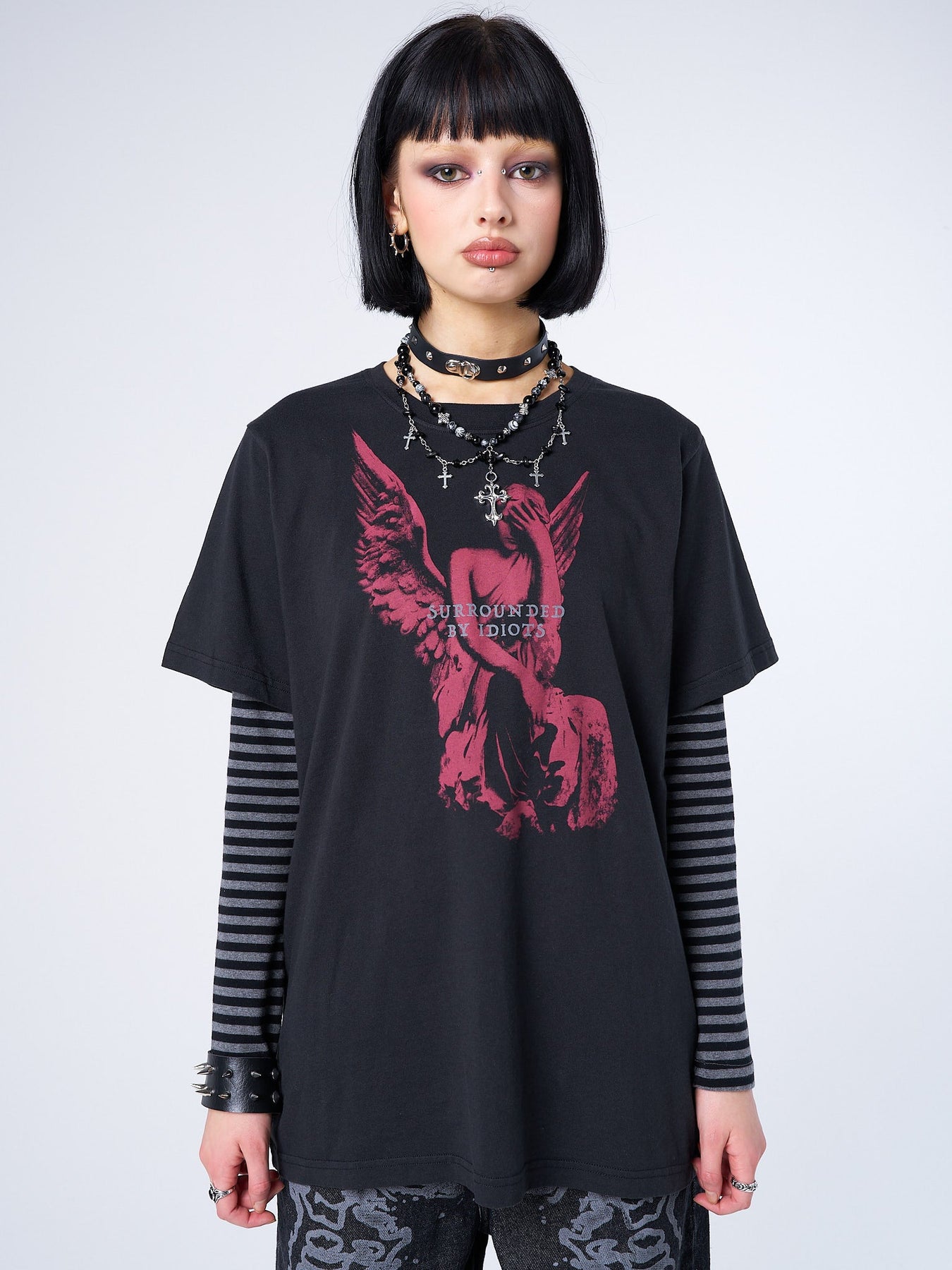 Black 'Surrounded by Idiots' Angel Graphic Tee - Y2K Grunge | Minga London