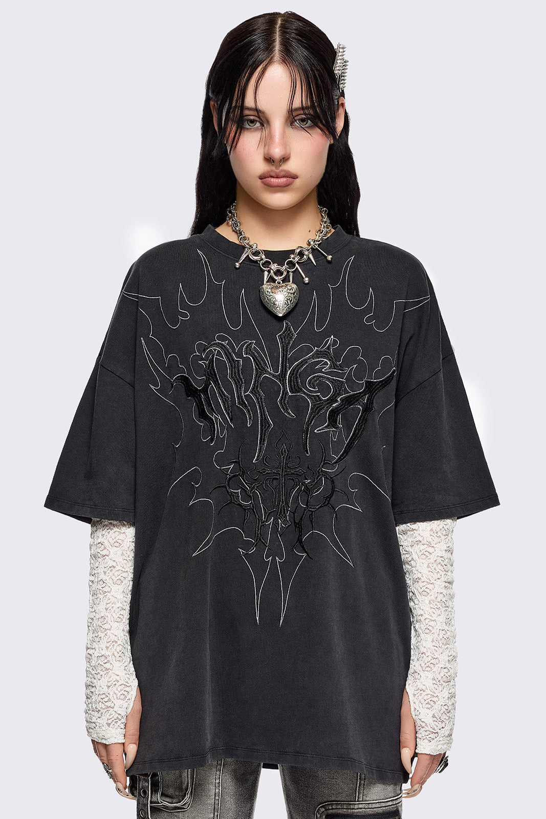 Black Graphic Layered T-Shirt with White Lace Long Sleeves 