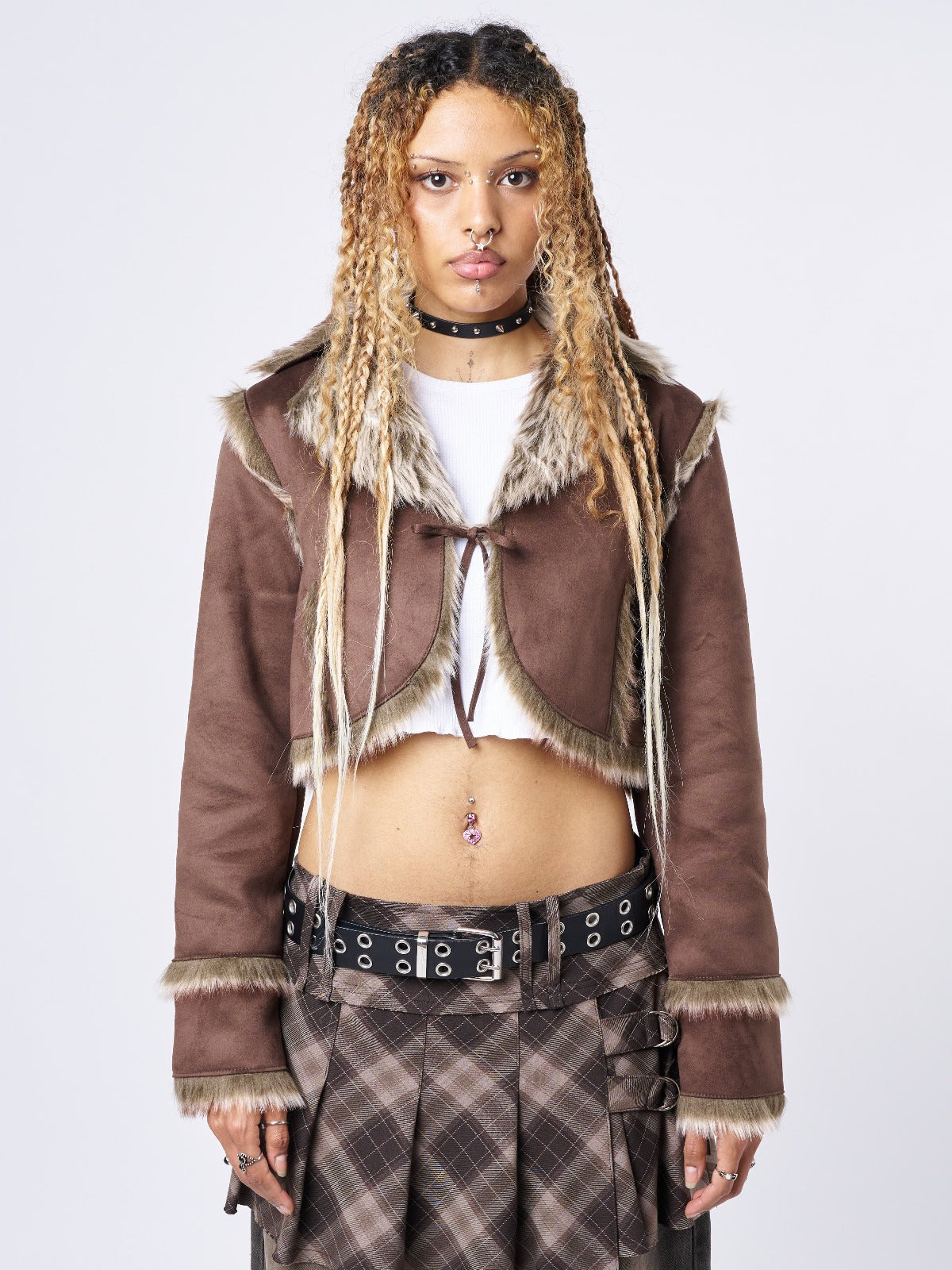 Brown Fur Suede Cropped Jacket - front view 