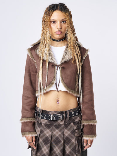 Brown Fur Suede Cropped Jacket - front view 