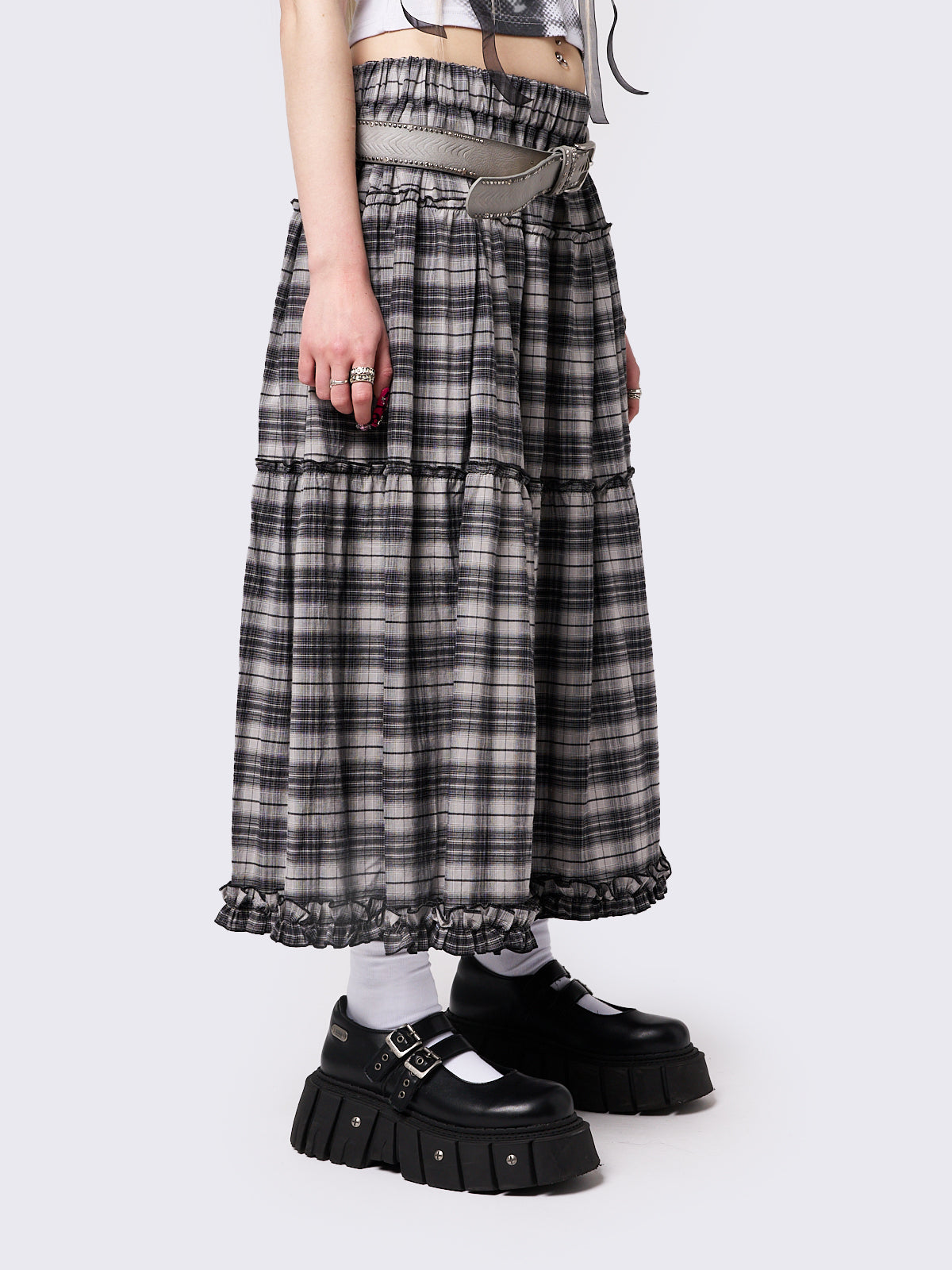 Tiana Checkered Ruffled Maxi Skirt