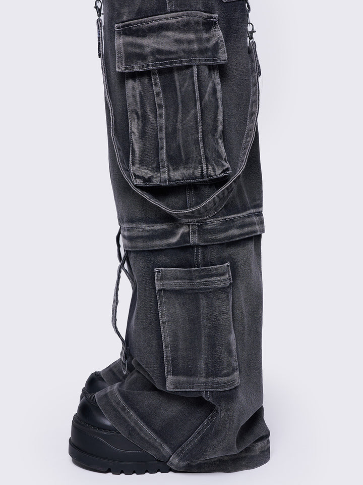 Grey Multi-Pocket Wide Leg Cargo Jeans | Minga London