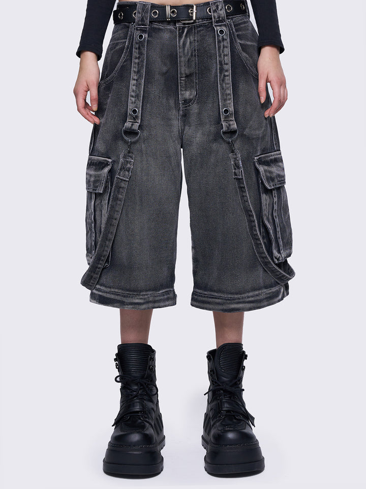 国内で当店のみ Minga London - TREK BLACK WASHED JORTS Black Denim Long Jorts with Stars Patch - Y2k Clothing